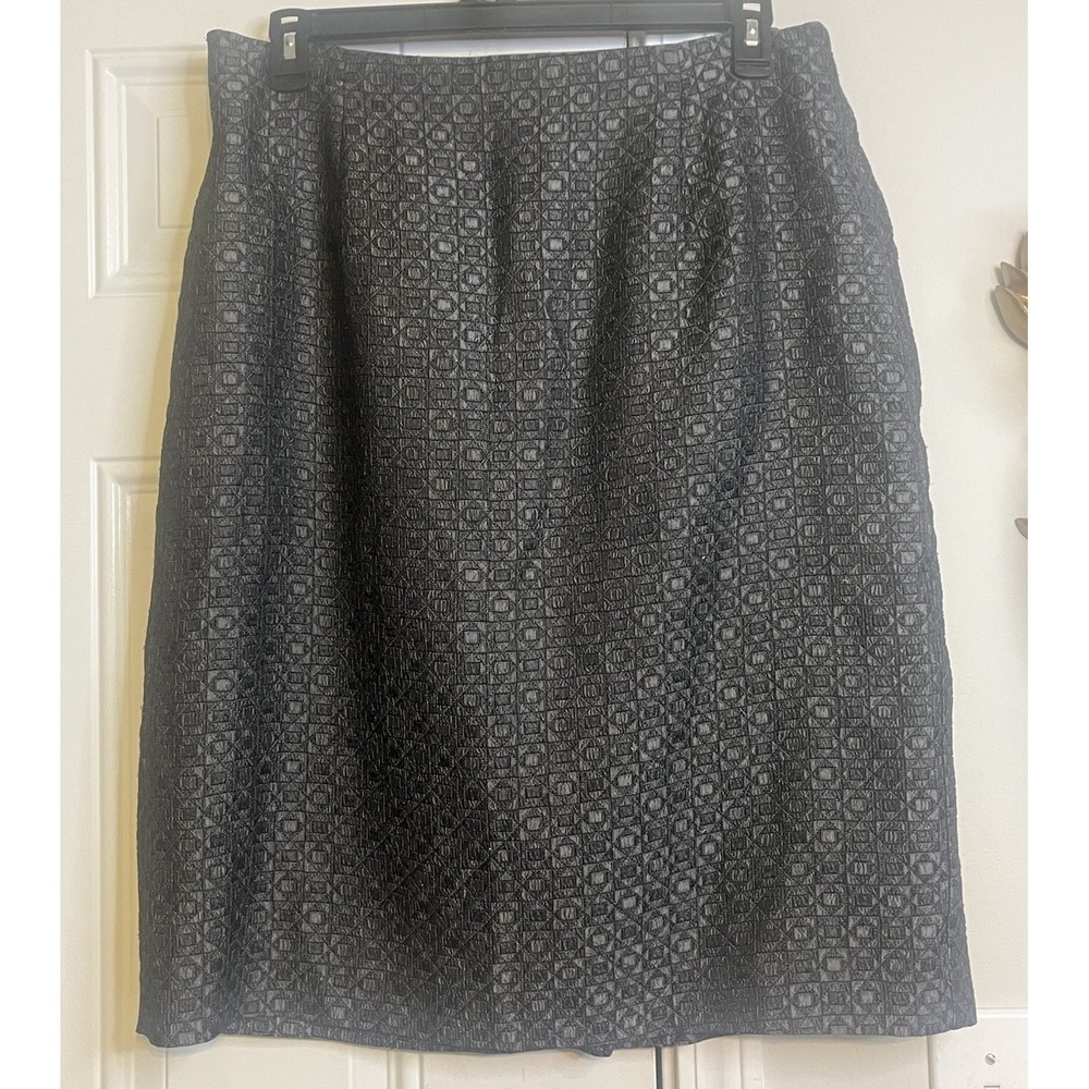 Vintage Leslie Fay Black Metallic Jacquard Pencil Skirt Sz 16 Geometric Retro